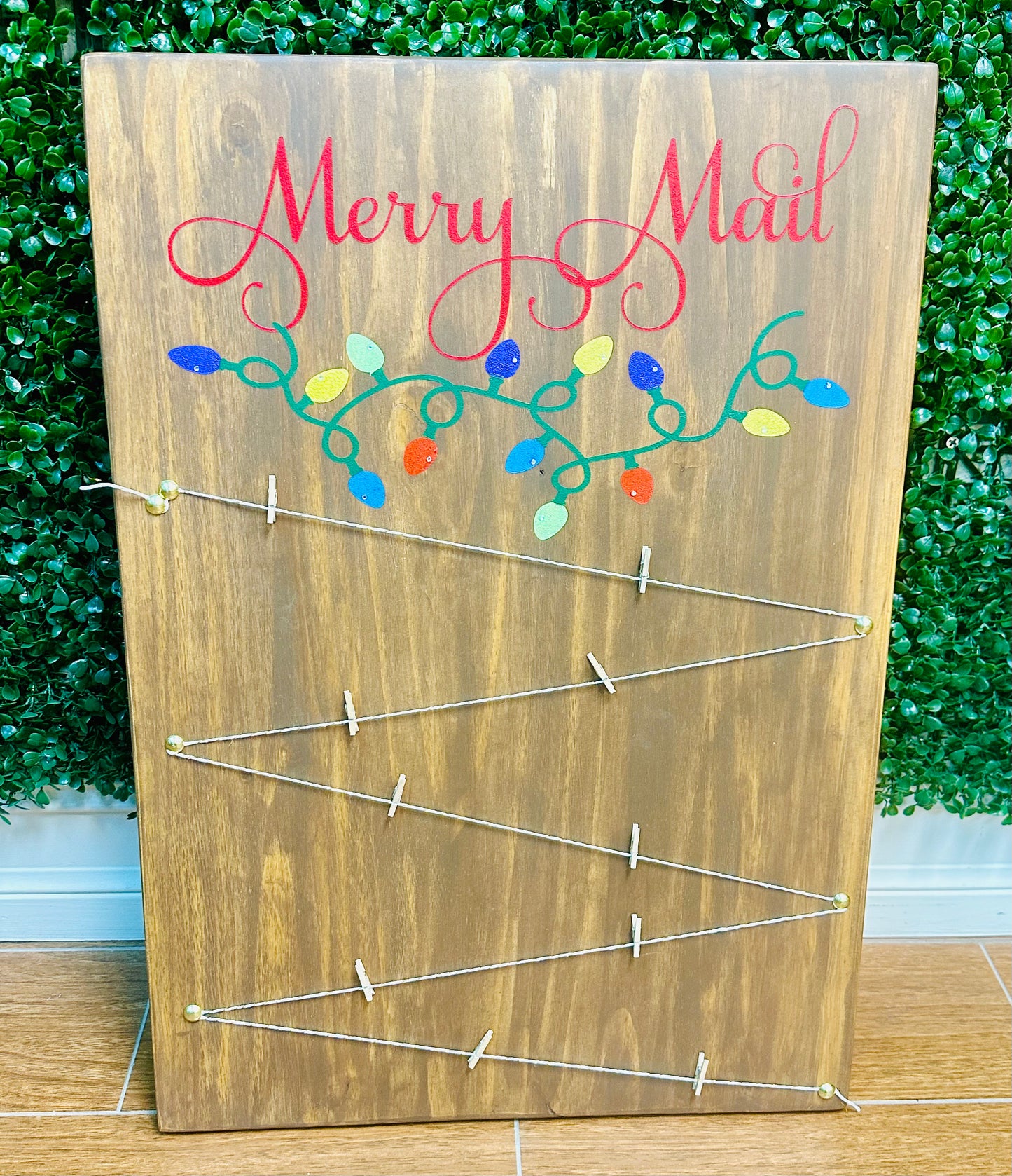 264- Merry mail with painted lights and twine with 5 wooden clothes pins