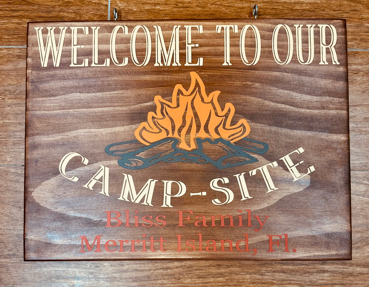 277- Welcome to our camp-site-personalized- metal hanger is additional price